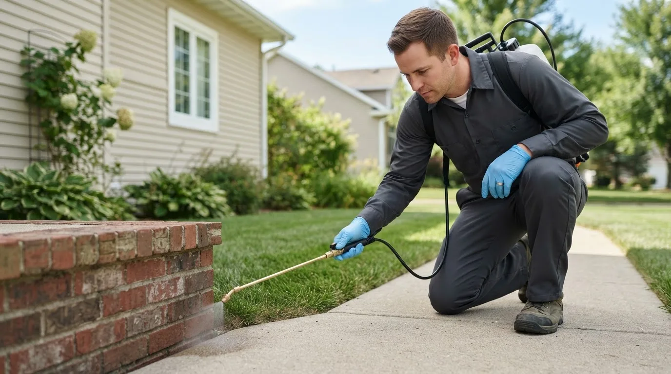Pest control technician treating a home near Eldon, MO